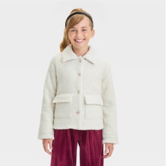 Girls' Faux Shearling Shirt Jacket - Cat & Jack Cream - Picture 1 of 9